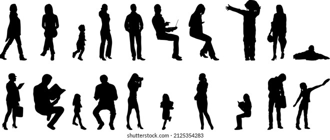 Vector silhouettes, Outline silhouettes of people, Contour drawing, people silhouette, Icon Set Isolated, Silhouette of sitting people, Architectural set	
