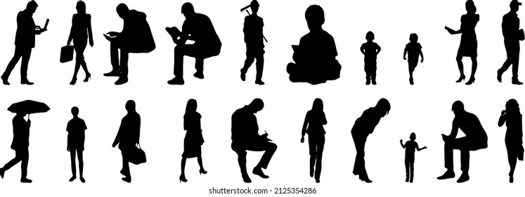 Vector silhouettes, Outline silhouettes of people, Contour drawing, people silhouette, Icon Set Isolated, Silhouette of sitting people, Architectural set	
