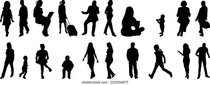 Vector silhouettes, Outline silhouettes of people, Contour drawing, people silhouette, Icon Set Isolated, Silhouette of sitting people, Architectural set	
