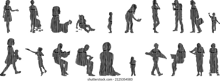 Vector silhouettes, Outline silhouettes of people, Contour drawing, people silhouette, Icon Set Isolated, Silhouette of sitting people, Architectural set	
