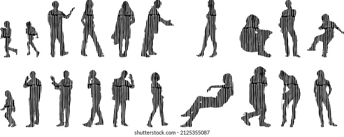 Vector silhouettes, Outline silhouettes of people, Contour drawing, people silhouette, Icon Set Isolated, Silhouette of sitting people, Architectural set	
