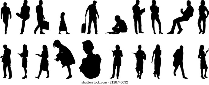 Vector silhouettes, Outline silhouettes of people, Contour drawing, people silhouette, Icon Set Isolated, Silhouette of sitting people, Architectural set	
