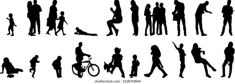Vector silhouettes, Outline silhouettes of people, Contour drawing, people silhouette, Icon Set Isolated, Silhouette of sitting people, Architectural set	
