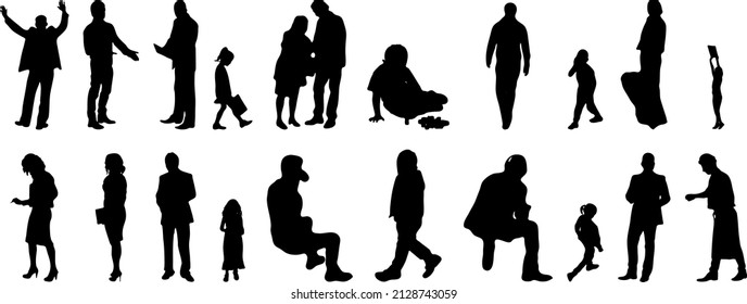 Vector silhouettes, Outline silhouettes of people, Contour drawing, people silhouette, Icon Set Isolated, Silhouette of sitting people, Architectural set	

