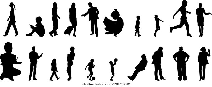Vector silhouettes, Outline silhouettes of people, Contour drawing, people silhouette, Icon Set Isolated, Silhouette of sitting people, Architectural set	

