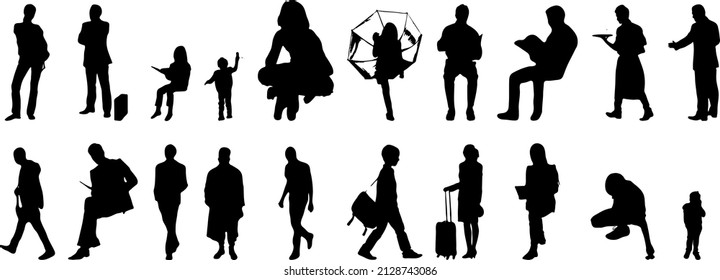 Vector silhouettes, Outline silhouettes of people, Contour drawing, people silhouette, Icon Set Isolated, Silhouette of sitting people, Architectural set	
