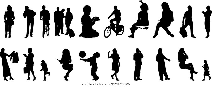 Vector silhouettes, Outline silhouettes of people, Contour drawing, people silhouette, Icon Set Isolated, Silhouette of sitting people, Architectural set	
