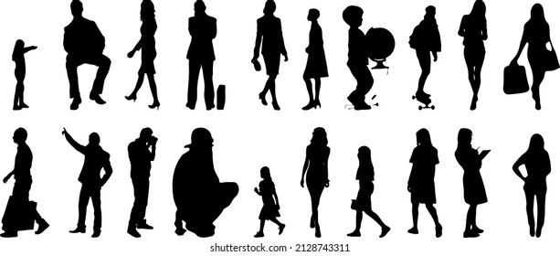 Vector silhouettes, Outline silhouettes of people, Contour drawing, people silhouette, Icon Set Isolated, Silhouette of sitting people, Architectural set	
