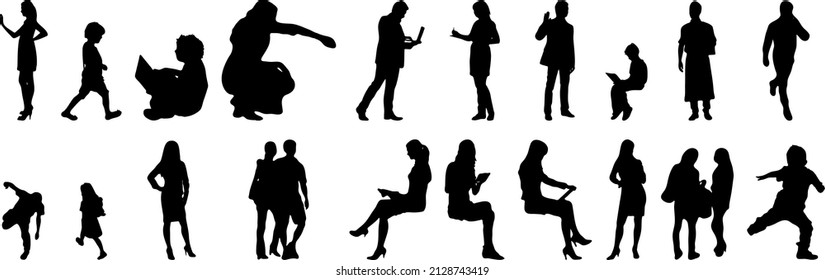 Vector silhouettes, Outline silhouettes of people, Contour drawing, people silhouette, Icon Set Isolated, Silhouette of sitting people, Architectural set	
