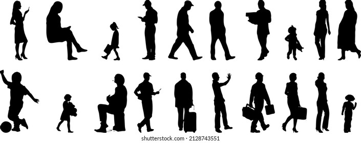 Vector silhouettes, Outline silhouettes of people, Contour drawing, people silhouette, Icon Set Isolated, Silhouette of sitting people, Architectural set	
