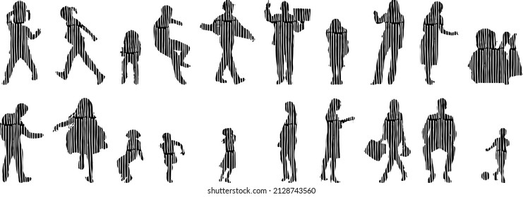 Vector silhouettes, Outline silhouettes of people, Contour drawing, people silhouette, Icon Set Isolated, Silhouette of sitting people, Architectural set	
