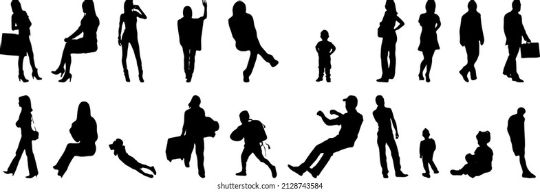 Vector silhouettes, Outline silhouettes of people, Contour drawing, people silhouette, Icon Set Isolated, Silhouette of sitting people, Architectural set	
