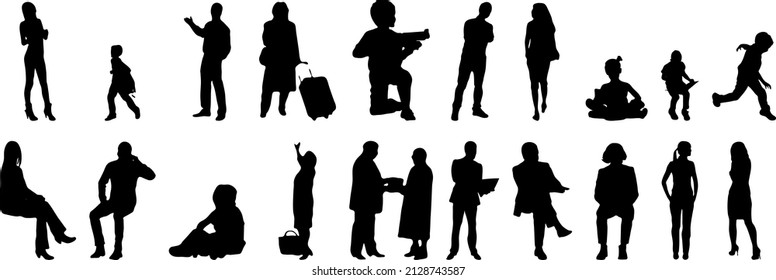 Vector silhouettes, Outline silhouettes of people, Contour drawing, people silhouette, Icon Set Isolated, Silhouette of sitting people, Architectural set	
