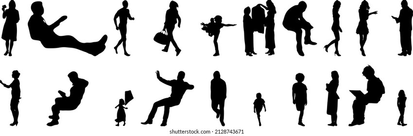 Vector silhouettes, Outline silhouettes of people, Contour drawing, people silhouette, Icon Set Isolated, Silhouette of sitting people, Architectural set	
