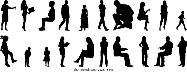 Vector silhouettes, Outline silhouettes of people, Contour drawing, people silhouette, Icon Set Isolated, Silhouette of sitting people, Architectural set