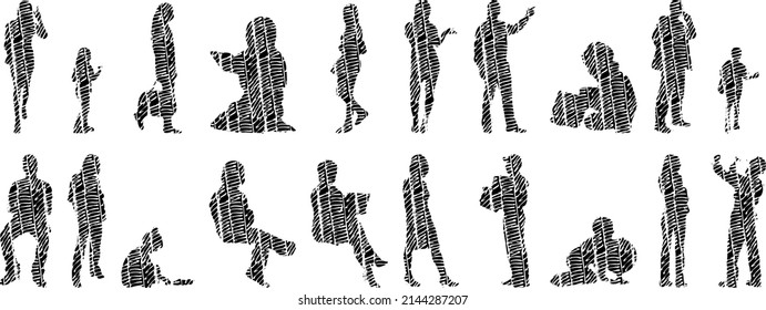 Vector silhouettes, Outline silhouettes of people, Contour drawing, people silhouette, Icon Set Isolated, Silhouette of sitting people, Architectural set	