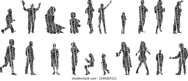 Vector silhouettes, Outline silhouettes of people, Contour drawing, people silhouette, Icon Set Isolated, Silhouette of sitting people, Architectural set	
