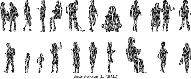 Siluetas vectoriales, Siluetas de contorno de personas, Dibujo de contorno, silueta de personas, Conjunto de iconos aislados, Silueta de personas sentadas, Conjunto arquitectónico	