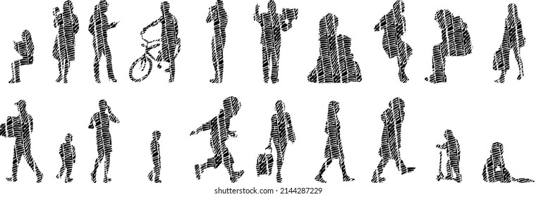 Vector silhouettes, Outline silhouettes of people, Contour drawing, people silhouette, Icon Set Isolated, Silhouette of sitting people, Architectural set	