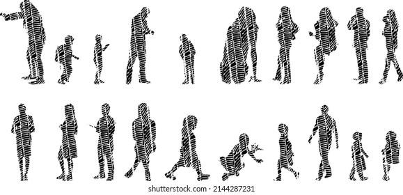 Vector silhouettes, Outline silhouettes of people, Contour drawing, people silhouette, Icon Set Isolated, Silhouette of sitting people, Architectural set	