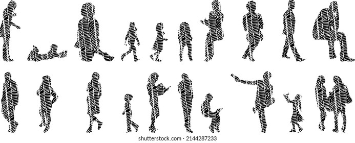Vector silhouettes, Outline silhouettes of people, Contour drawing, people silhouette, Icon Set Isolated, Silhouette of sitting people, Architectural set	