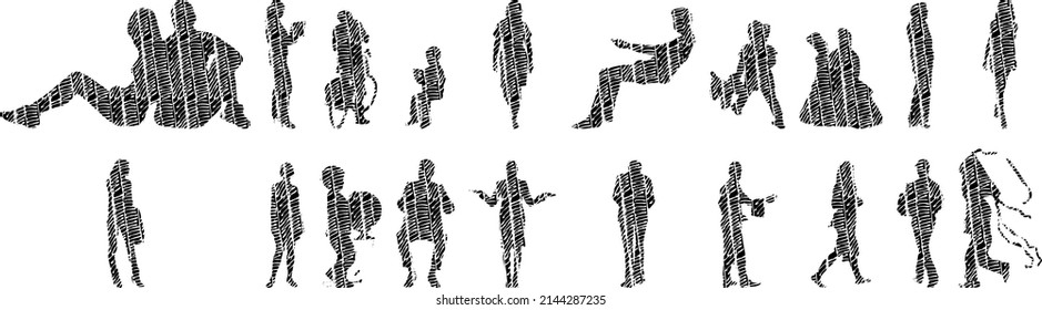 Vector silhouettes, Outline silhouettes of people, Contour drawing, people silhouette, Icon Set Isolated, Silhouette of sitting people, Architectural set	