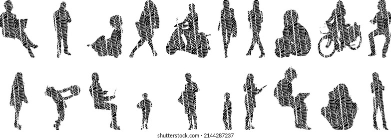 Vektor-Silhouetten, Silhouetten-Linien, Konturzeichnungen, Silhouette-Leute, Symbolsatz isoliert, Silhouette sitzender Menschen, Architekturset	