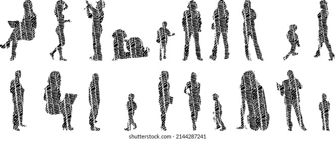 Vector silhouettes, Outline silhouettes of people, Contour drawing, people silhouette, Icon Set Isolated, Silhouette of sitting people, Architectural set	
