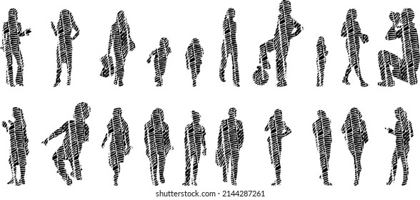 Vector silhouettes, Outline silhouettes of people, Contour drawing, people silhouette, Icon Set Isolated, Silhouette of sitting people, Architectural set	