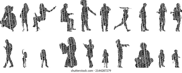 Vector silhouettes, Outline silhouettes of people, Contour drawing, people silhouette, Icon Set Isolated, Silhouette of sitting people, Architectural set	