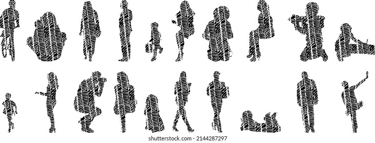 Vector silhouettes, Outline silhouettes of people, Contour drawing, people silhouette, Icon Set Isolated, Silhouette of sitting people, Architectural set	