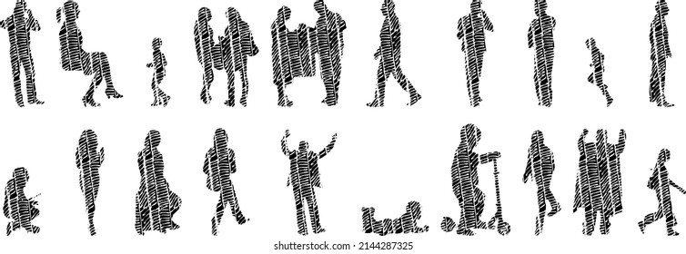 Vector silhouettes, Outline silhouettes of people, Contour drawing, people silhouette, Icon Set Isolated, Silhouette of sitting people, Architectural set	