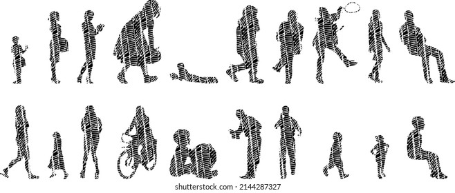 Vector silhouettes, Outline silhouettes of people, Contour drawing, people silhouette, Icon Set Isolated, Silhouette of sitting people, Architectural set	