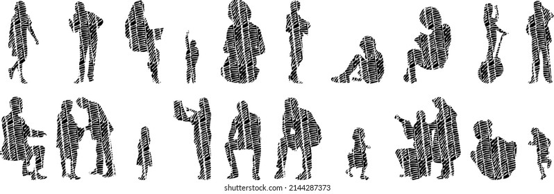 Vector silhouettes, Outline silhouettes of people, Contour drawing, people silhouette, Icon Set Isolated, Silhouette of sitting people, Architectural set	