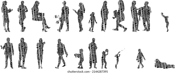 Vector silhouettes, Outline silhouettes of people, Contour drawing, people silhouette, Icon Set Isolated, Silhouette of sitting people, Architectural set	