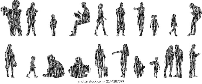 Vector silhouettes, Outline silhouettes of people, Contour drawing, people silhouette, Icon Set Isolated, Silhouette of sitting people, Architectural set	