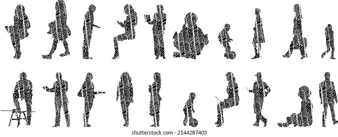 Vector silhouettes, Outline silhouettes of people, Contour drawing, people silhouette, Icon Set Isolated, Silhouette of sitting people, Architectural set	