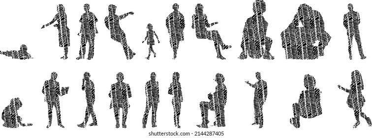 Vector silhouettes, Outline silhouettes of people, Contour drawing, people silhouette, Icon Set Isolated, Silhouette of sitting people, Architectural set	