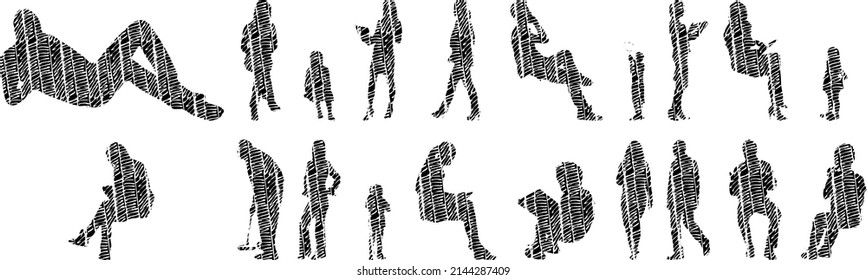 Vector silhouettes, Outline silhouettes of people, Contour drawing, people silhouette, Icon Set Isolated, Silhouette of sitting people, Architectural set	