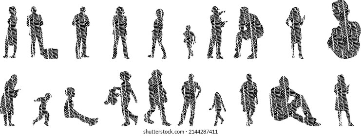 Vector silhouettes, Outline silhouettes of people, Contour drawing, people silhouette, Icon Set Isolated, Silhouette of sitting people, Architectural set	