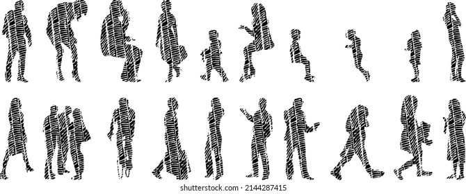 Vector silhouettes, Outline silhouettes of people, Contour drawing, people silhouette, Icon Set Isolated, Silhouette of sitting people, Architectural set	