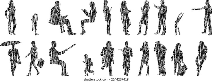 Vector silhouettes, Outline silhouettes of people, Contour drawing, people silhouette, Icon Set Isolated, Silhouette of sitting people, Architectural set	
