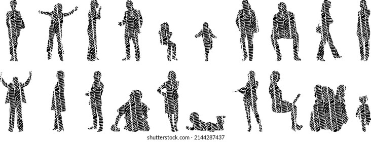 Vector silhouettes, Outline silhouettes of people, Contour drawing, people silhouette, Icon Set Isolated, Silhouette of sitting people, Architectural set	