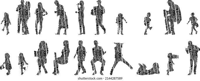 Vector silhouettes, Outline silhouettes of people, Contour drawing, people silhouette, Icon Set Isolated, Silhouette of sitting people, Architectural set	