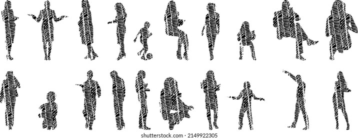 Vector silhouettes, Outline silhouettes of people, Contour drawing, people silhouette, Icon Set Isolated, Silhouette of sitting people, Architectural set	
