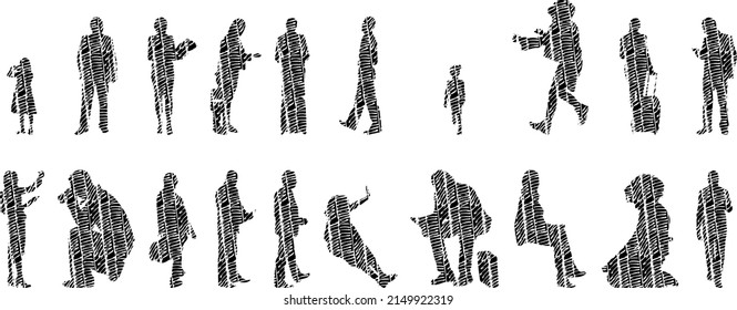 Vector silhouettes, Outline silhouettes of people, Contour drawing, people silhouette, Icon Set Isolated, Silhouette of sitting people, Architectural set	
