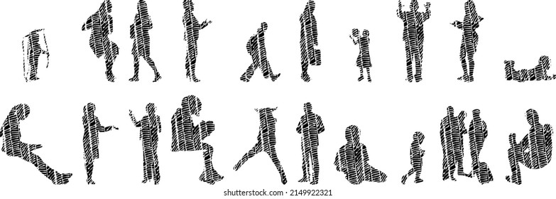 Vector silhouettes, Outline silhouettes of people, Contour drawing, people silhouette, Icon Set Isolated, Silhouette of sitting people, Architectural set	
