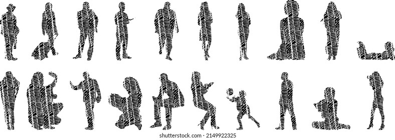 Vector silhouettes, Outline silhouettes of people, Contour drawing, people silhouette, Icon Set Isolated, Silhouette of sitting people, Architectural set	
