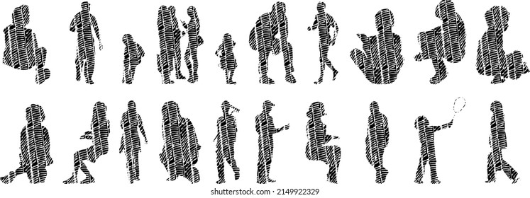 Vector silhouettes, Outline silhouettes of people, Contour drawing, people silhouette, Icon Set Isolated, Silhouette of sitting people, Architectural set	
