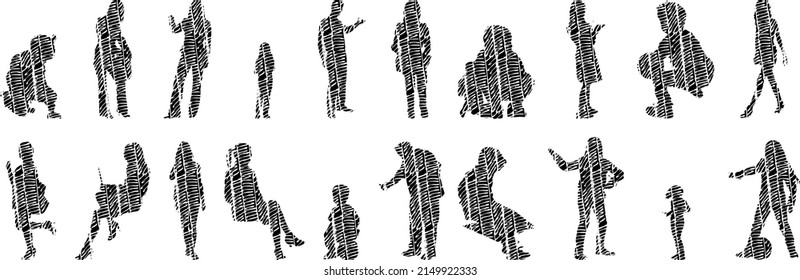 Vector silhouettes, Outline silhouettes of people, Contour drawing, people silhouette, Icon Set Isolated, Silhouette of sitting people, Architectural set	

